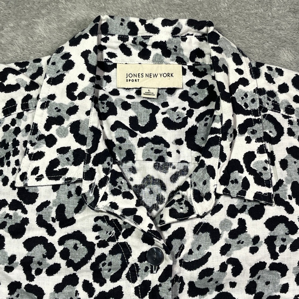 Jones‎ New York Sport Women's Leopard Print 100% Linen Shirt Button Down Top